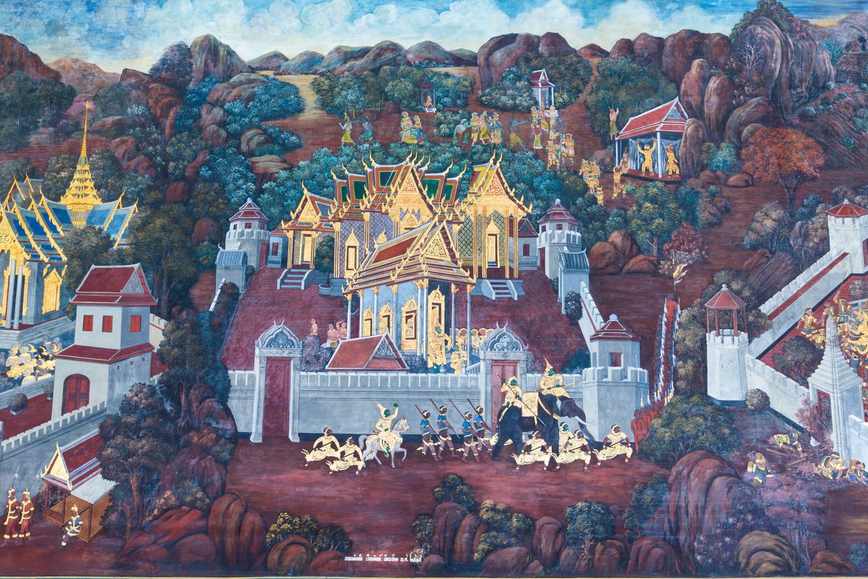 Malowidło ścienne przedstawiające sceny z Ramajany w Wat Phra Kaeo, Wielkim Pałacu Królewskim, Bangkok, Tajlandia autorstwa Thai School