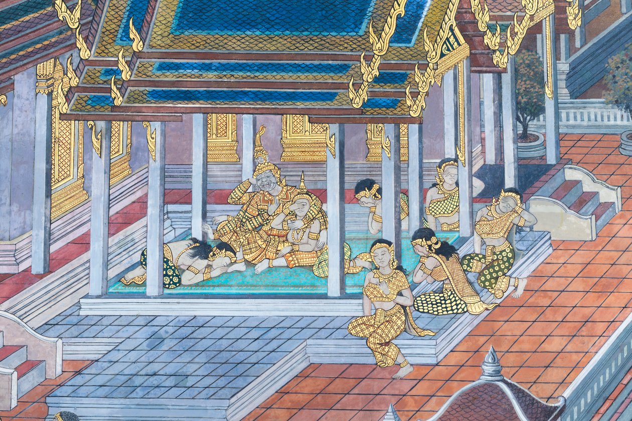 Malowidło ścienne przedstawiające sceny z Ramajany w Wat Phra Kaeo, Wielkim Pałacu Królewskim, Bangkok, Tajlandia autorstwa Thai School