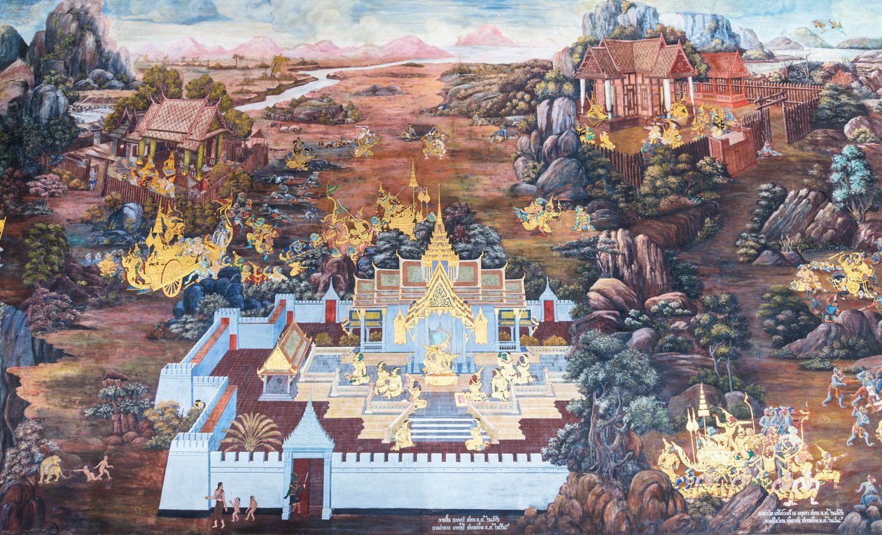 Malowidło ścienne przedstawiające sceny z Ramajany w Wat Phra Kaeo, Wielkim Pałacu Królewskim, Bangkok, Tajlandia autorstwa Thai School
