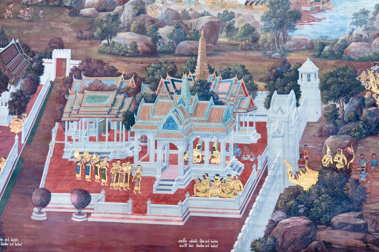Malowidło ścienne przedstawiające sceny z Ramajany w Wat Phra Kaeo, Wielkim Pałacu Królewskim, Bangkok, Tajlandia autorstwa Thai School
