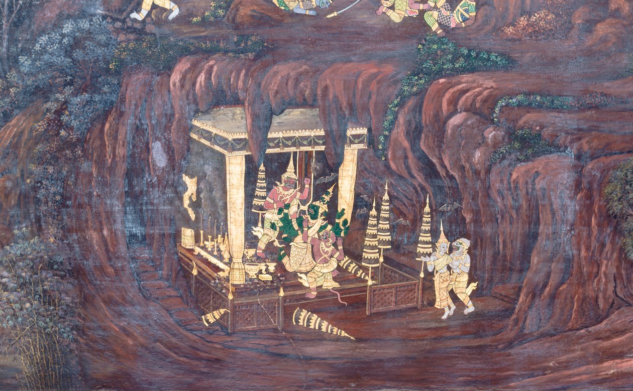 Malowidło ścienne przedstawiające sceny z Ramajany w Wat Phra Kaeo, Wielkim Pałacu Królewskim, Bangkok, Tajlandia autorstwa Thai School