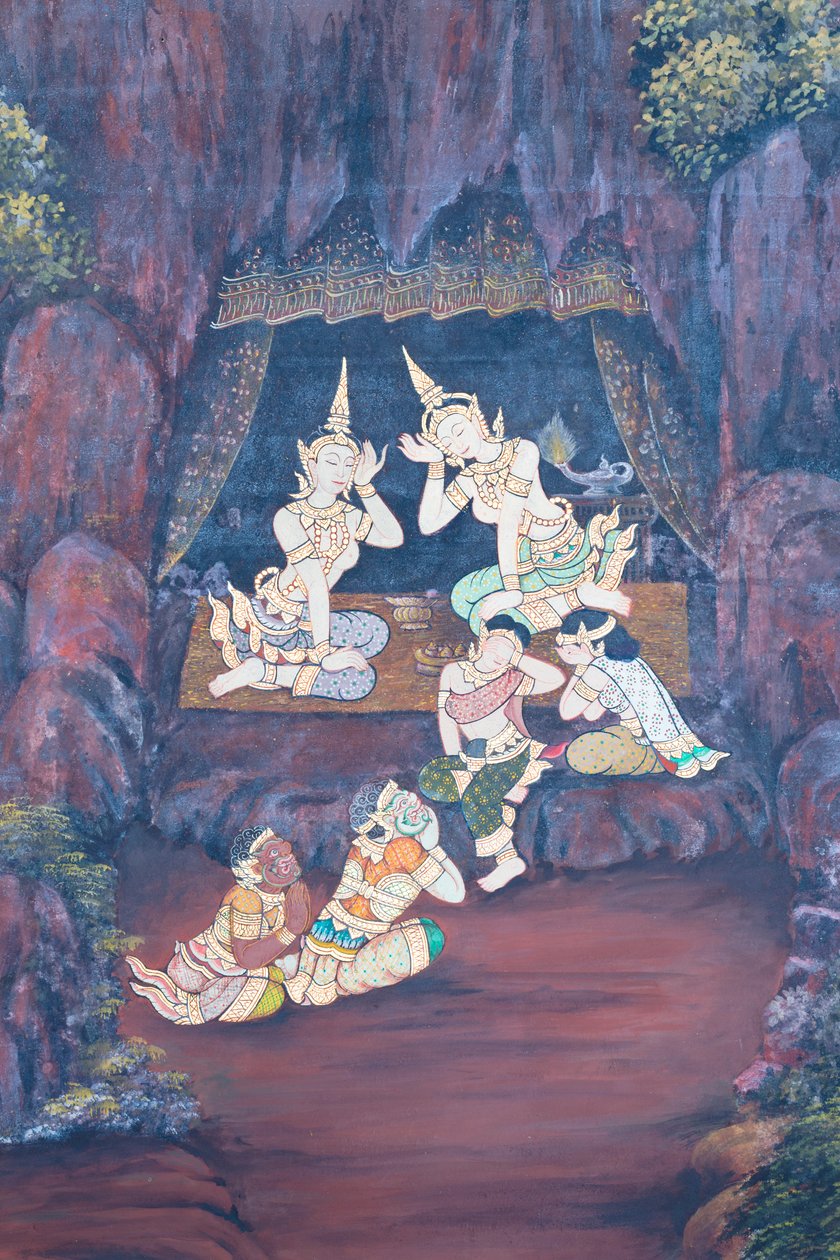 Malowidło ścienne przedstawiające sceny z Ramajany w Wat Phra Kaeo, Wielkim Pałacu Królewskim, Bangkok, Tajlandia autorstwa Thai School