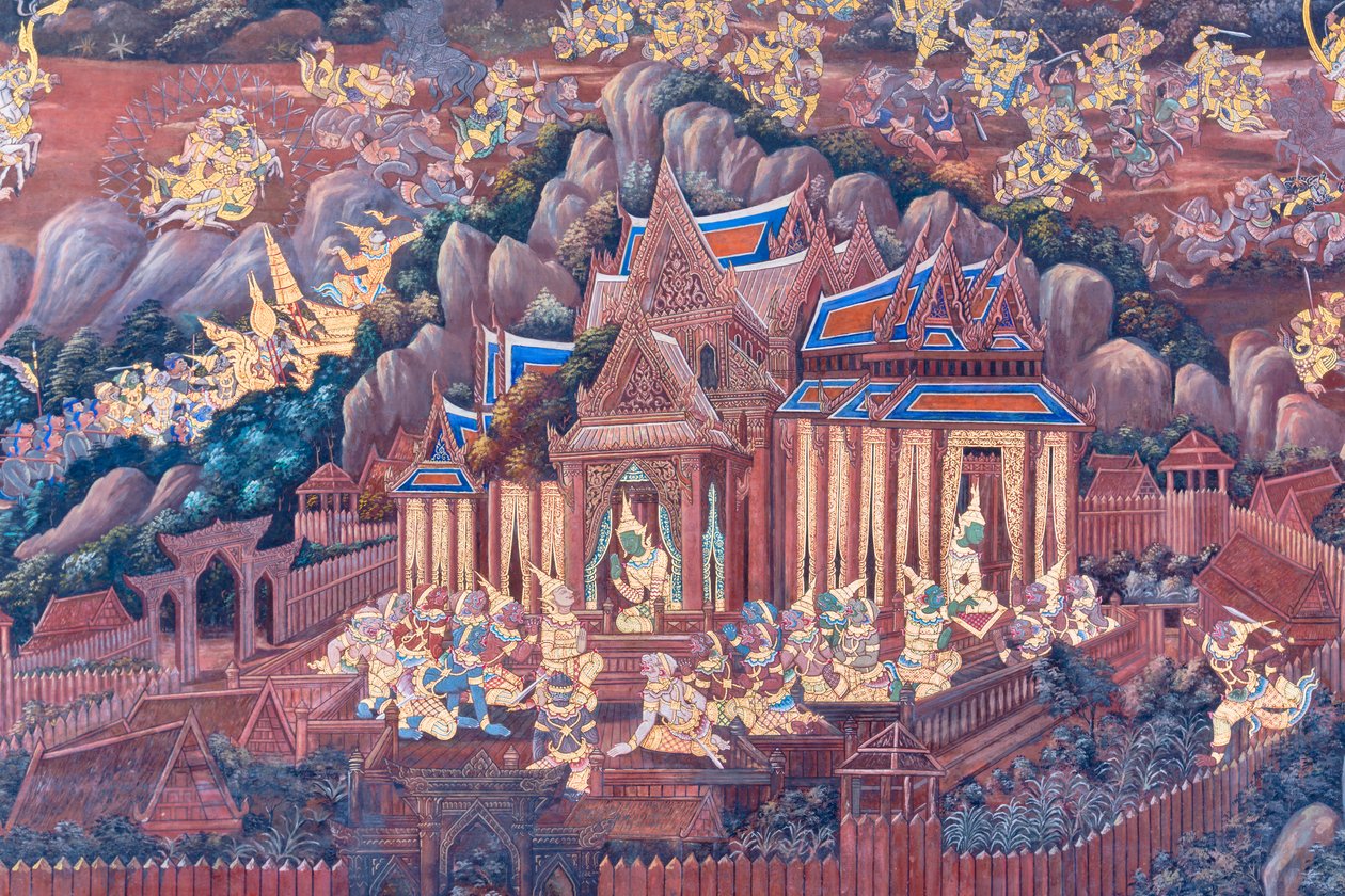 Malowidło ścienne przedstawiające sceny z Ramajany w Wat Phra Kaeo, Wielkim Pałacu Królewskim, Bangkok, Tajlandia autorstwa Thai School