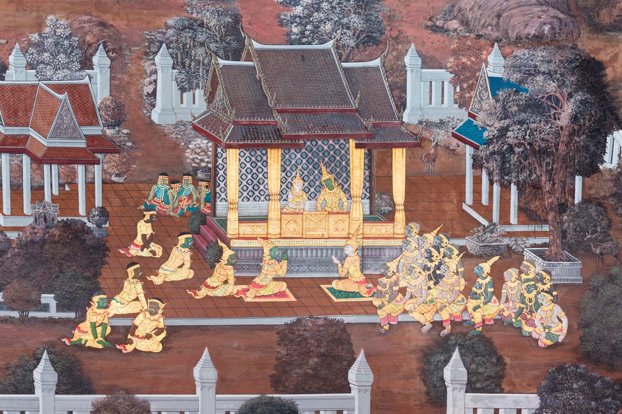 Malowidło ścienne przedstawiające sceny z Ramajany w Wat Phra Kaeo, Wielkim Pałacu Królewskim, Bangkok, Tajlandia autorstwa Thai School
