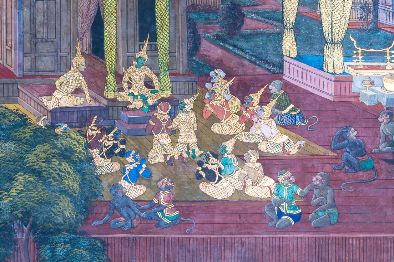 Malowidło ścienne przedstawiające sceny z Ramajany w Wat Phra Kaeo, Wielkim Pałacu Królewskim, Bangkok, Tajlandia autorstwa Thai School