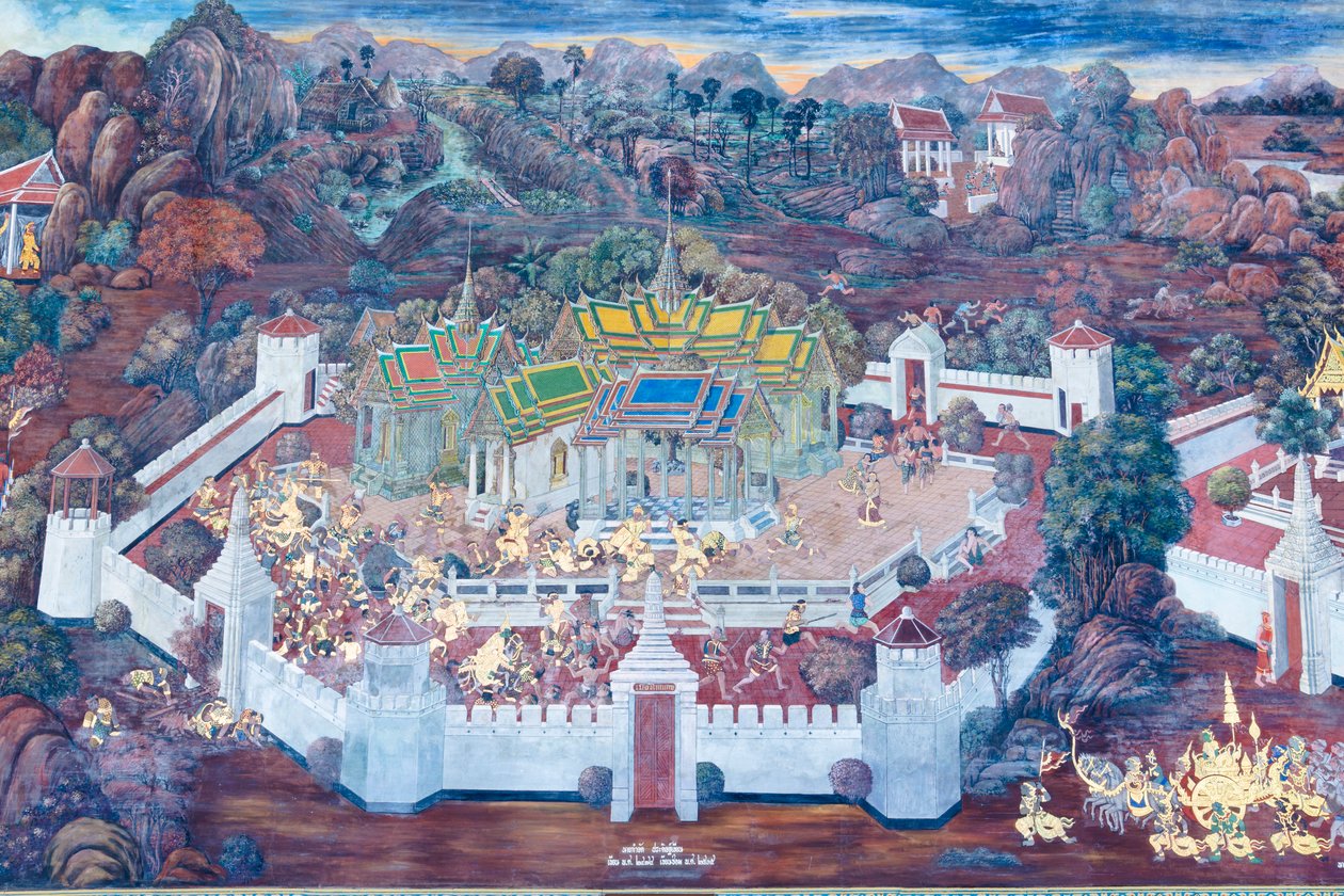 Malowidło ścienne przedstawiające sceny z Ramajany w Wat Phra Kaeo, Wielkim Pałacu Królewskim, Bangkok, Tajlandia autorstwa Thai School