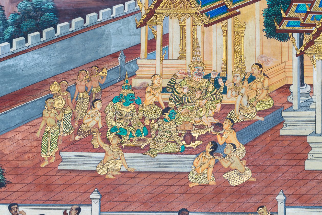 Malowidło ścienne przedstawiające sceny z Ramajany w Wat Phra Kaeo, Wielkim Pałacu Królewskim, Bangkok, Tajlandia autorstwa Thai School