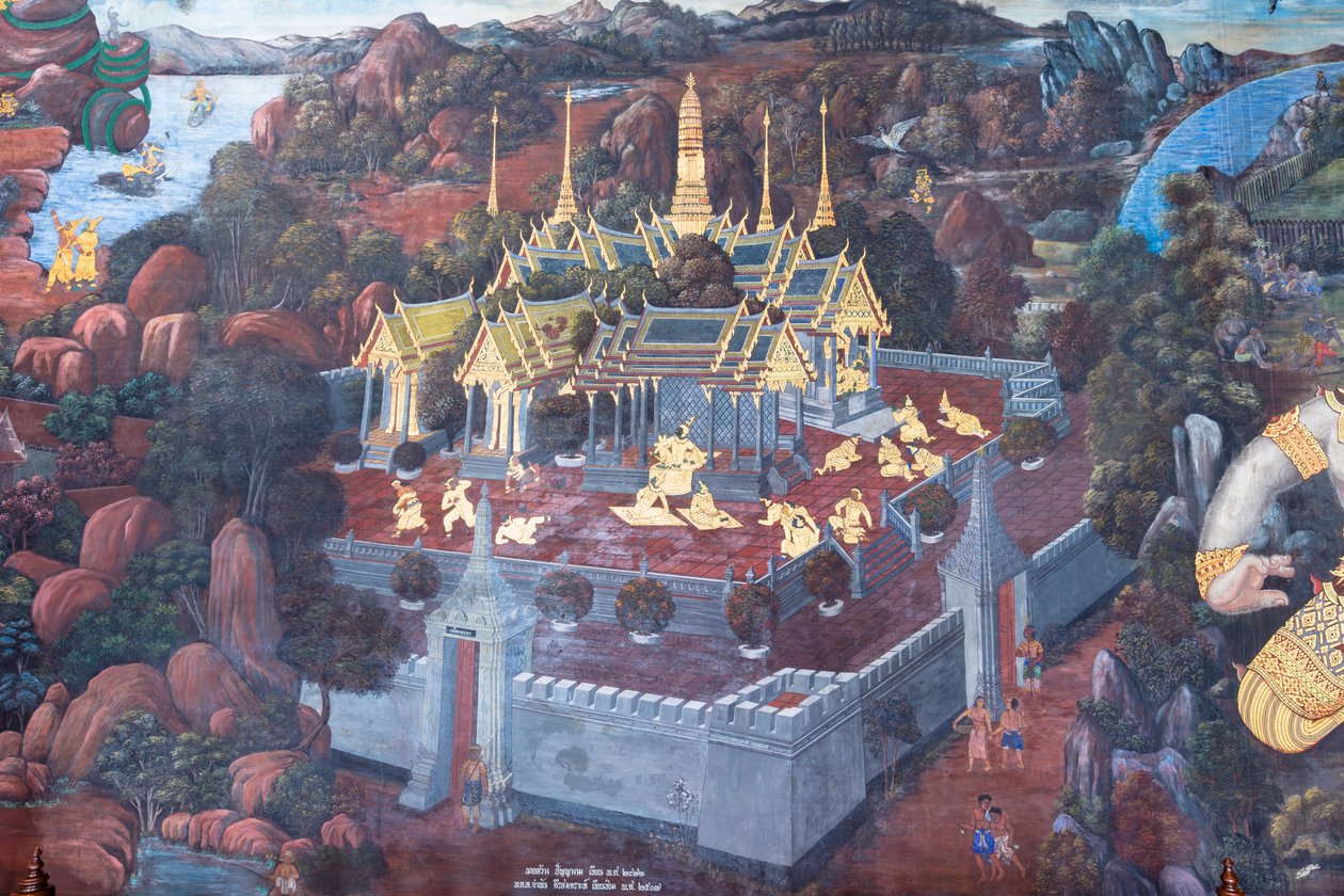 Malowidło ścienne przedstawiające sceny z Ramajany w Wat Phra Kaeo, Wielkim Pałacu Królewskim, Bangkok, Tajlandia autorstwa Thai School