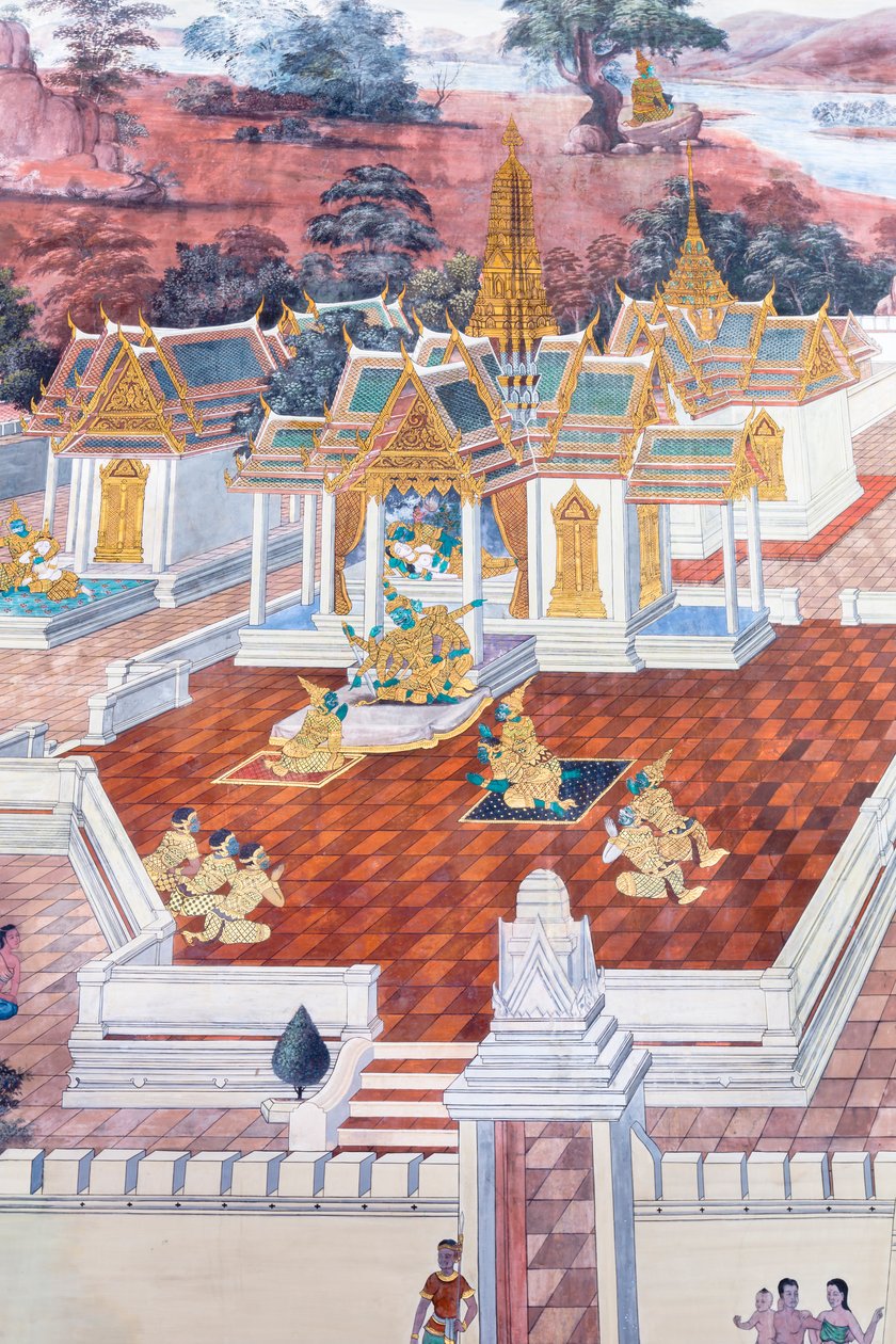 Malowidło ścienne przedstawiające sceny z Ramajany w Wat Phra Kaeo, Wielkim Pałacu Królewskim, Bangkok, Tajlandia autorstwa Thai School