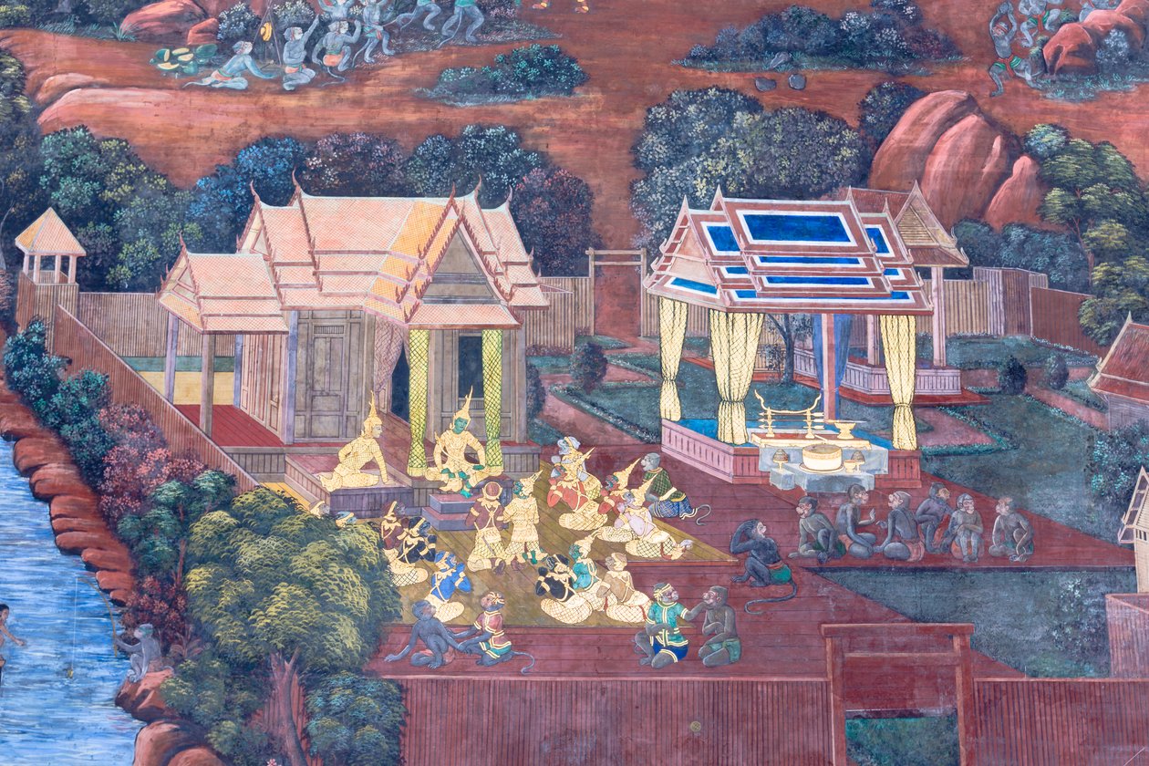 Malowidło ścienne przedstawiające sceny z Ramajany w Wat Phra Kaeo, Wielkim Pałacu Królewskim, Bangkok, Tajlandia autorstwa Thai School
