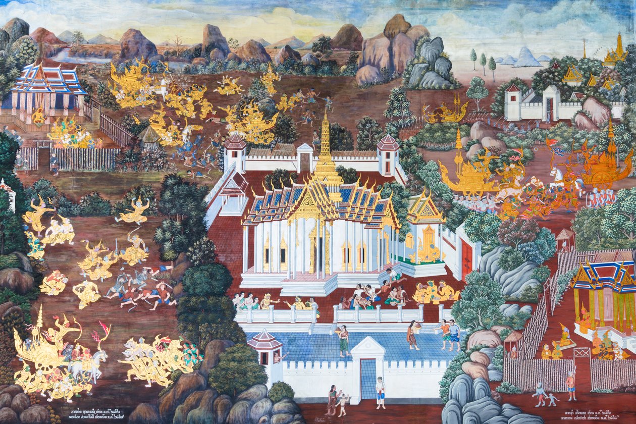 Malowidło ścienne przedstawiające sceny z Ramajany w Wat Phra Kaeo, Wielkim Pałacu Królewskim, Bangkok, Tajlandia autorstwa Thai School
