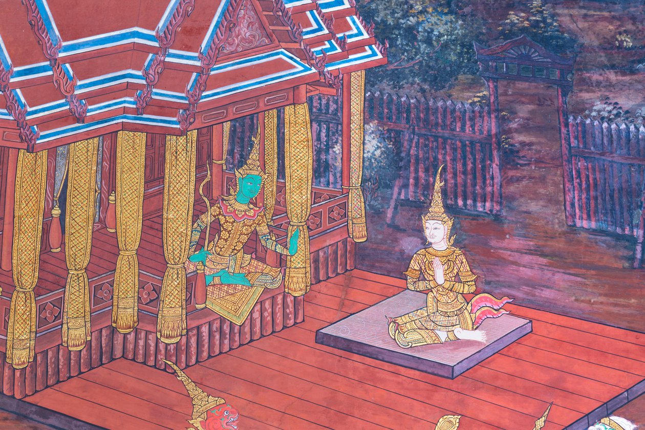 Malowidło ścienne przedstawiające sceny z Ramajany w Wat Phra Kaeo, Wielkim Pałacu Królewskim, Bangkok, Tajlandia autorstwa Thai School