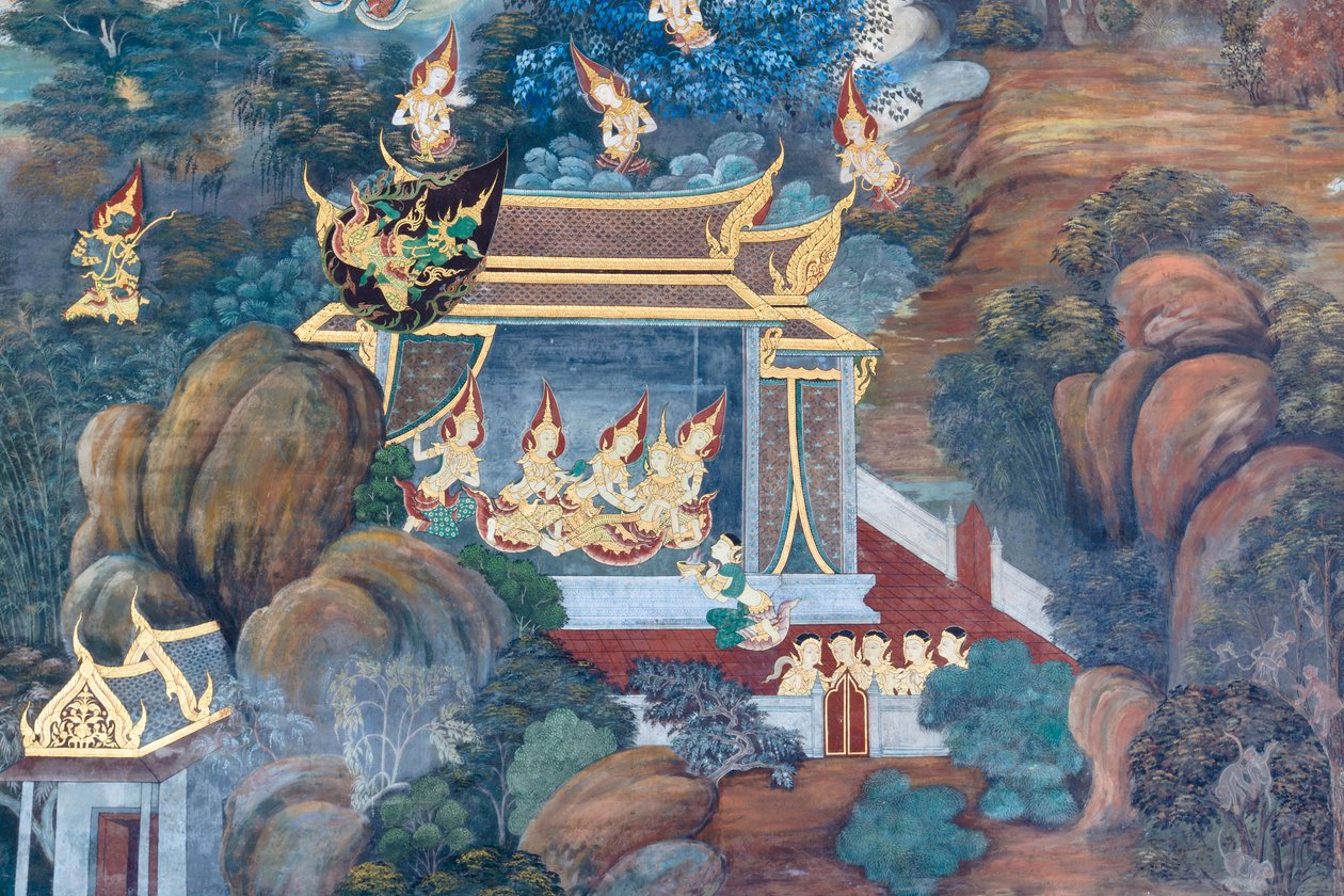 Malowidło ścienne przedstawiające sceny z Ramajany w Wat Phra Kaeo, Wielkim Pałacu Królewskim, Bangkok, Tajlandia autorstwa Thai School