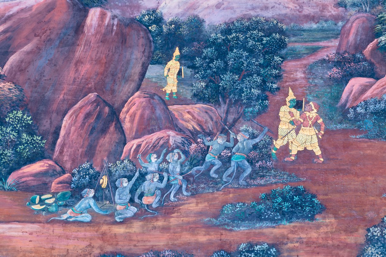 Malowidło ścienne przedstawiające sceny z Ramajany w Wat Phra Kaeo, Wielkim Pałacu Królewskim, Bangkok, Tajlandia autorstwa Thai School