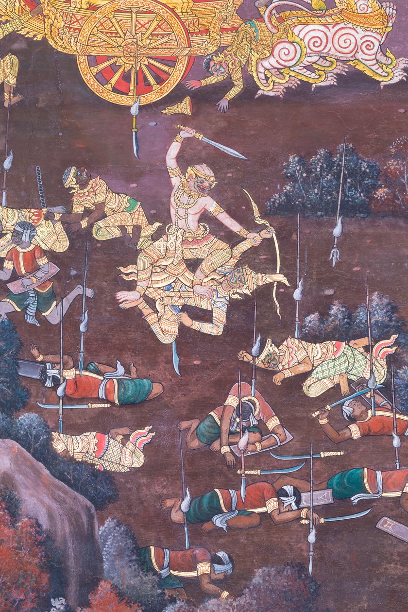 Malowidło ścienne przedstawiające sceny z Ramajany w Wat Phra Kaeo, Wielkim Pałacu Królewskim, Bangkok, Tajlandia autorstwa Thai School