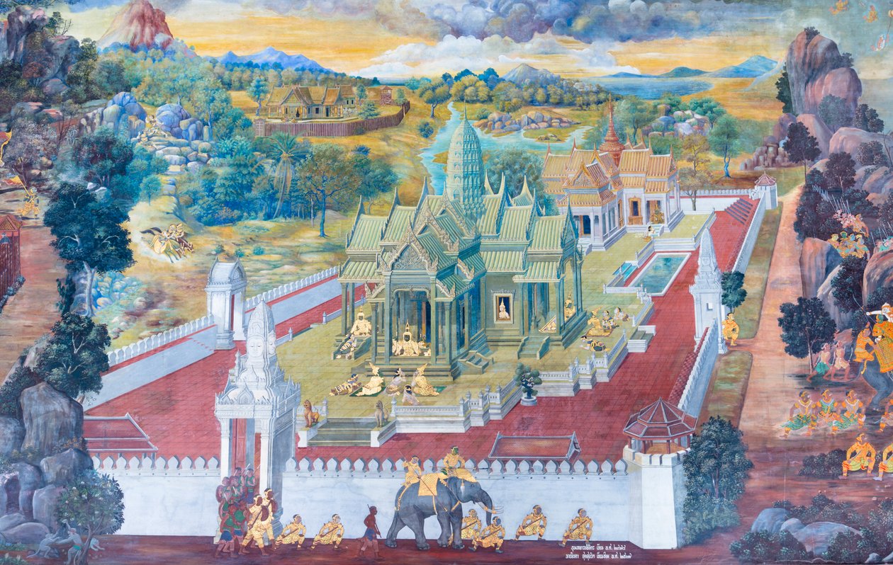 Malowidło ścienne przedstawiające sceny z Ramajany w Wat Phra Kaeo, Wielkim Pałacu Królewskim, Bangkok, Tajlandia autorstwa Thai School