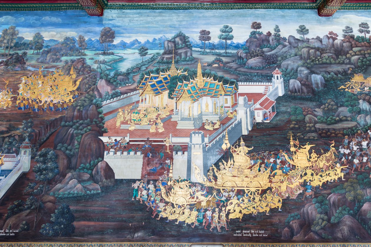 Malowidło ścienne przedstawiające sceny z Ramajany w Wat Phra Kaeo, Wielkim Pałacu Królewskim, Bangkok, Tajlandia autorstwa Thai School