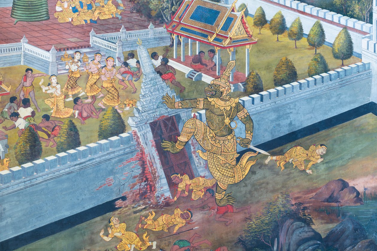 Malowidło ścienne przedstawiające sceny z Ramajany w Wat Phra Kaeo, Wielkim Pałacu Królewskim, Bangkok, Tajlandia autorstwa Thai School