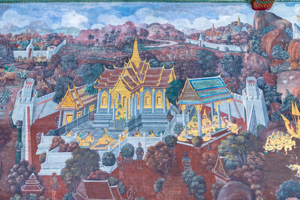 Malowidło ścienne przedstawiające sceny z Ramajany w Wat Phra Kaeo, Wielkim Pałacu Królewskim, Bangkok, Tajlandia autorstwa Thai School