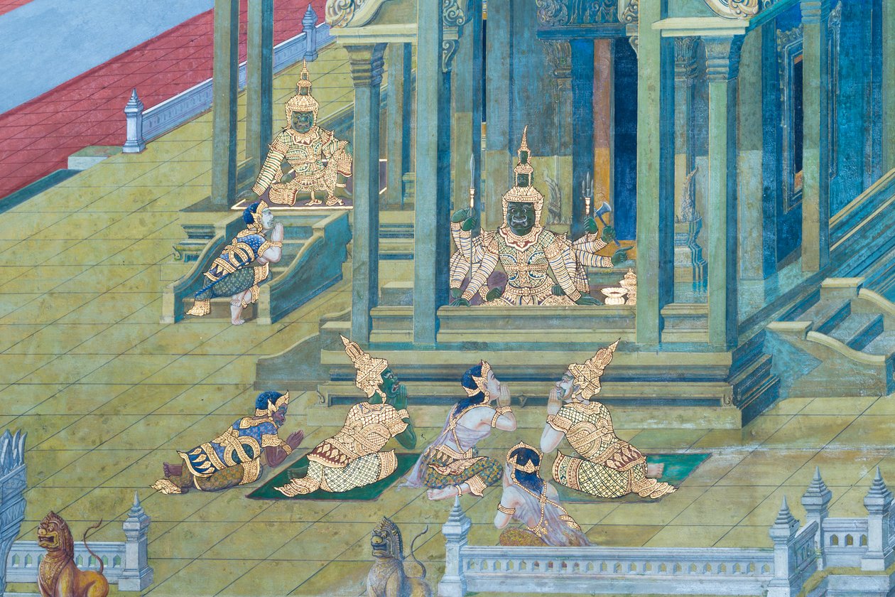 Malowidło ścienne przedstawiające sceny z Ramajany w Wat Phra Kaeo, Wielkim Pałacu Królewskim, Bangkok, Tajlandia autorstwa Thai School