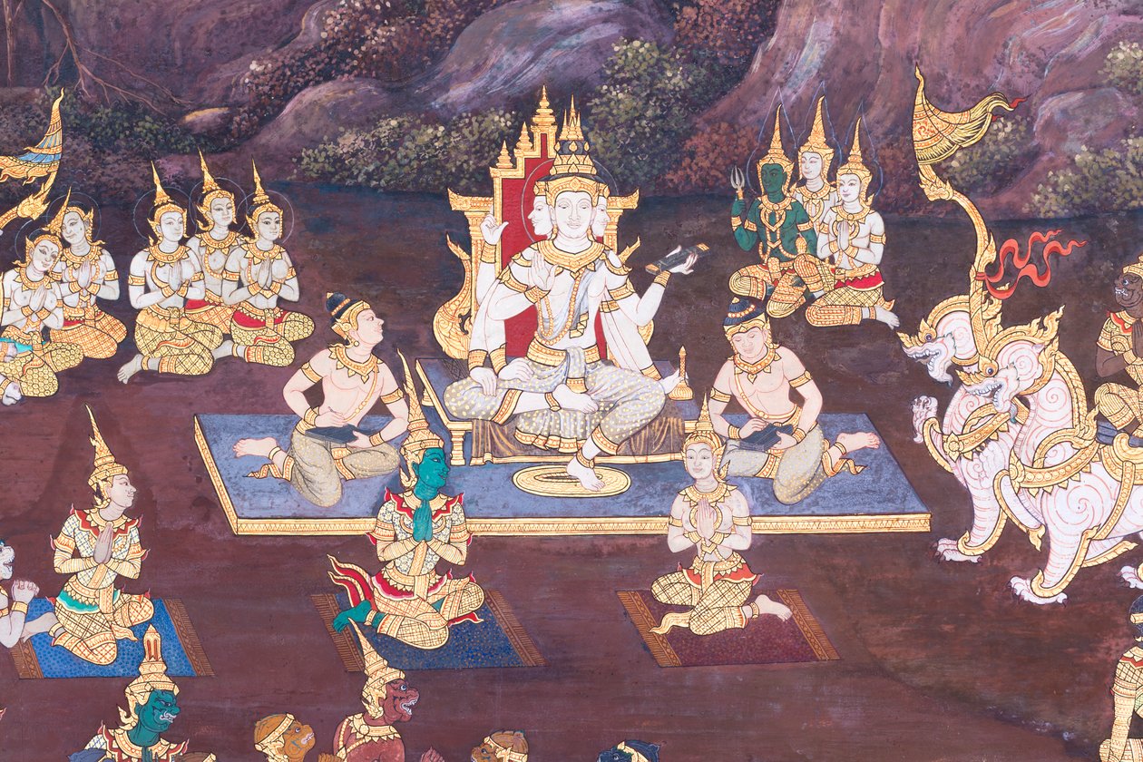 Malowidło ścienne przedstawiające sceny z Ramajany w Wat Phra Kaeo, Wielkim Pałacu Królewskim, Bangkok, Tajlandia autorstwa Thai School
