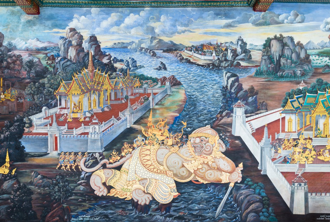 Malowidło ścienne przedstawiające sceny z Ramajany w Wat Phra Kaeo, Wielkim Pałacu Królewskim, Bangkok, Tajlandia autorstwa Thai School