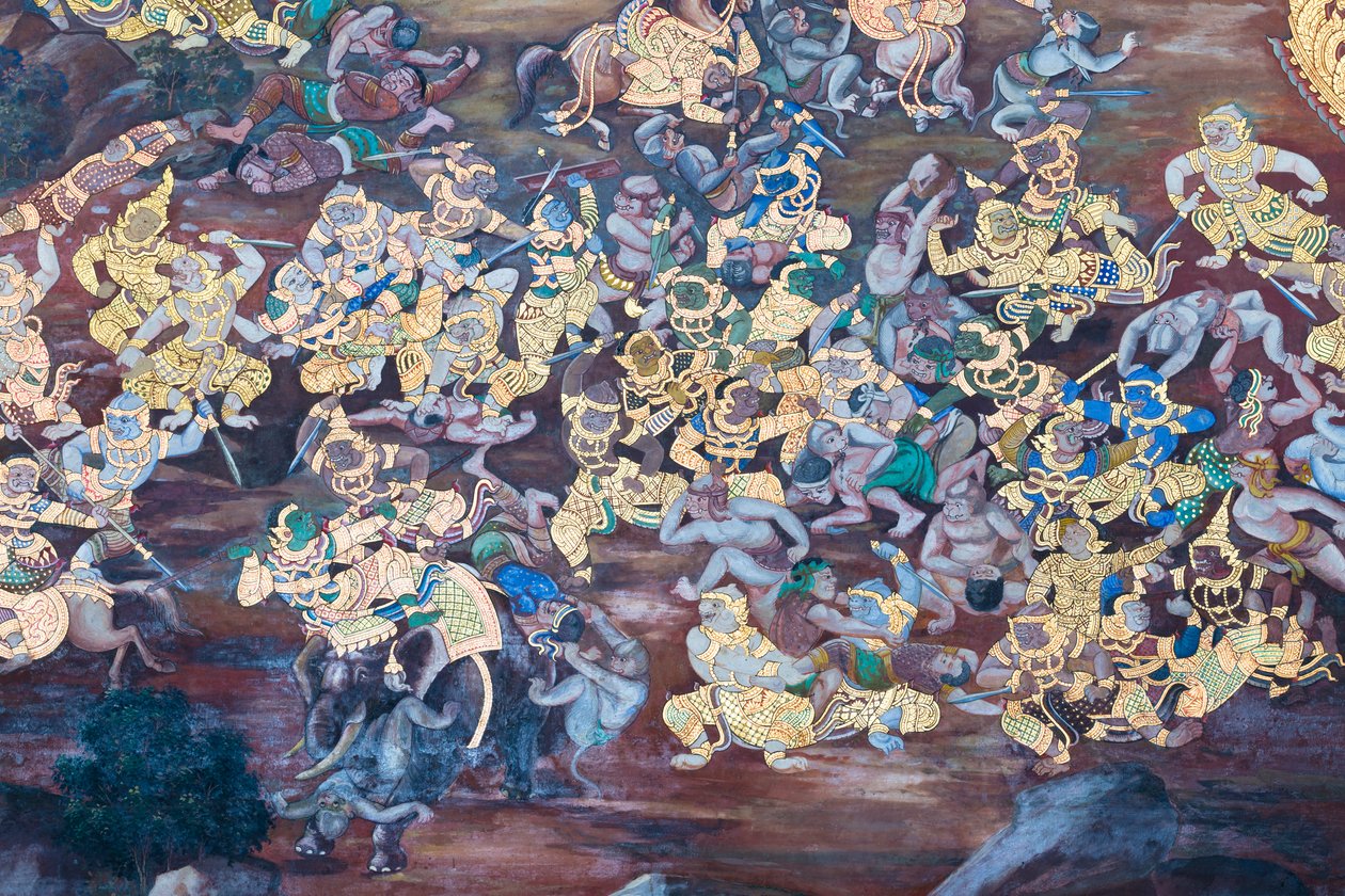 Malowidło ścienne przedstawiające sceny z Ramajany w Wat Phra Kaeo, Wielkim Pałacu Królewskim, Bangkok, Tajlandia autorstwa Thai School