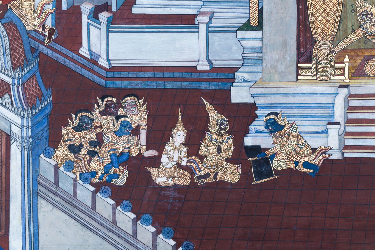 Malowidło ścienne przedstawiające sceny z Ramajany w Wat Phra Kaeo, Wielkim Pałacu Królewskim, Bangkok, Tajlandia autorstwa Thai School