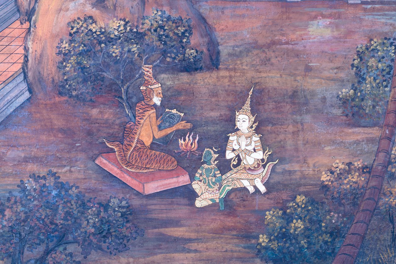 Malowidło ścienne przedstawiające sceny z Ramajany w Wat Phra Kaeo, Wielkim Pałacu Królewskim, Bangkok, Tajlandia autorstwa Thai School