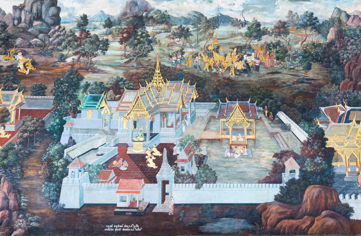 Malowidło ścienne przedstawiające sceny z Ramajany w Wat Phra Kaeo, Wielkim Pałacu Królewskim, Bangkok, Tajlandia autorstwa Thai School