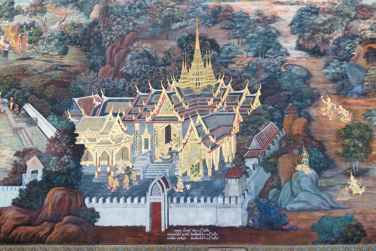 Malowidło ścienne przedstawiające sceny z Ramajany w Wat Phra Kaeo, Wielkim Pałacu Królewskim, Bangkok, Tajlandia autorstwa Thai School