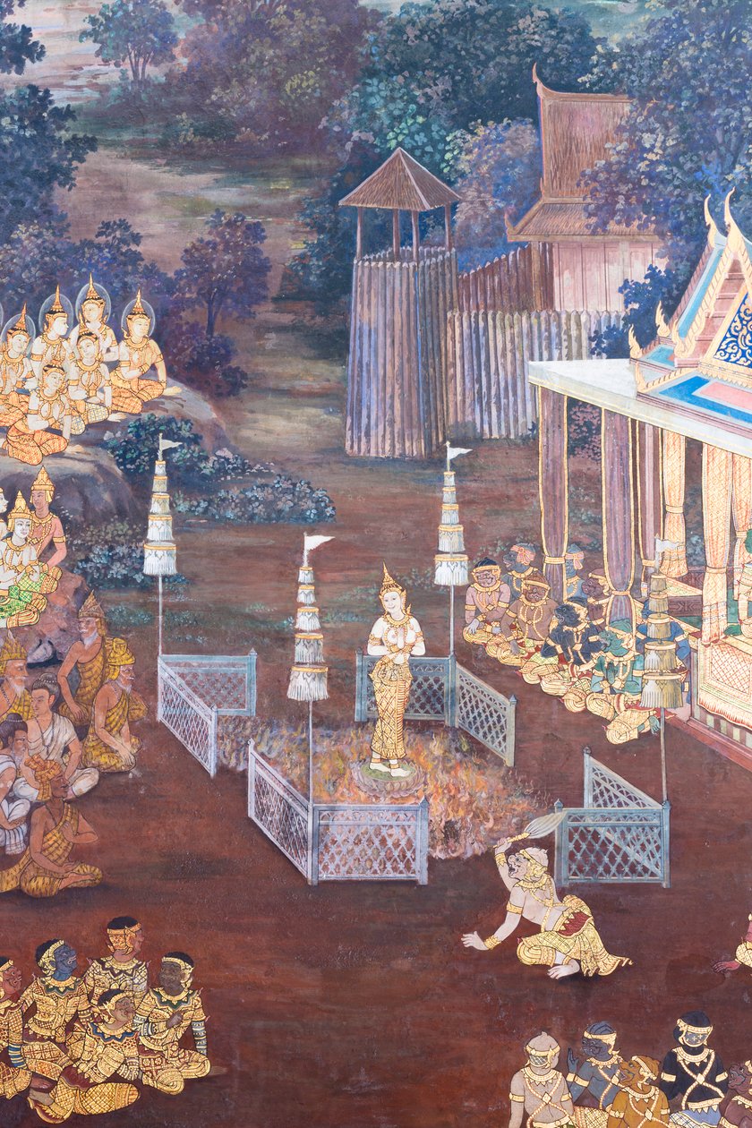 Malowidło ścienne przedstawiające sceny z Ramajany w Wat Phra Kaeo, Wielkim Pałacu Królewskim, Bangkok, Tajlandia autorstwa Thai School