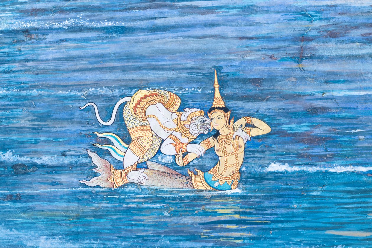 Malowidło ścienne przedstawiające sceny z Ramajany w Wat Phra Kaeo, Wielkim Pałacu Królewskim, Bangkok, Tajlandia autorstwa Thai School