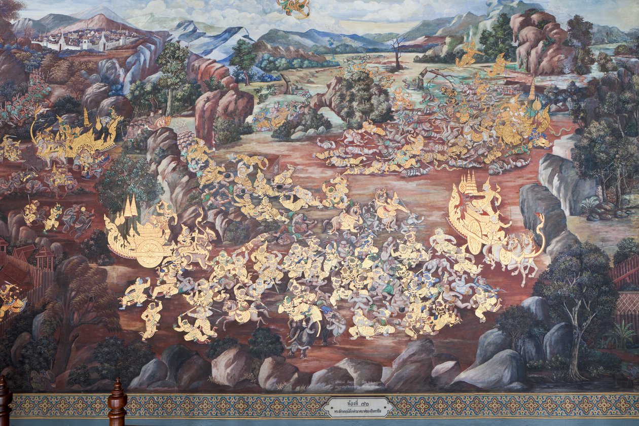 Malowidła ścienne przedstawiające sceny z Ramakian w Wat Phra Kaeo, Wielkim Pałacu Królewskim, Bangkok, Tajlandia autorstwa Thai School