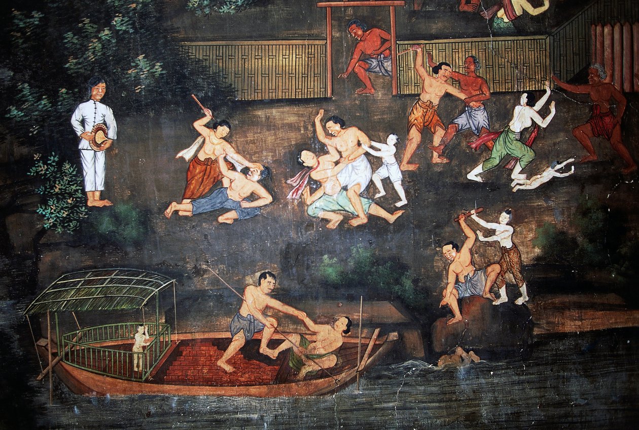 Murale ze scenami z życia Buddy, Wat Suwan Dararam, Park Historyczny Ayutthaya (Lista Światowego Dziedzictwa UNESCO autorstwa Thai School