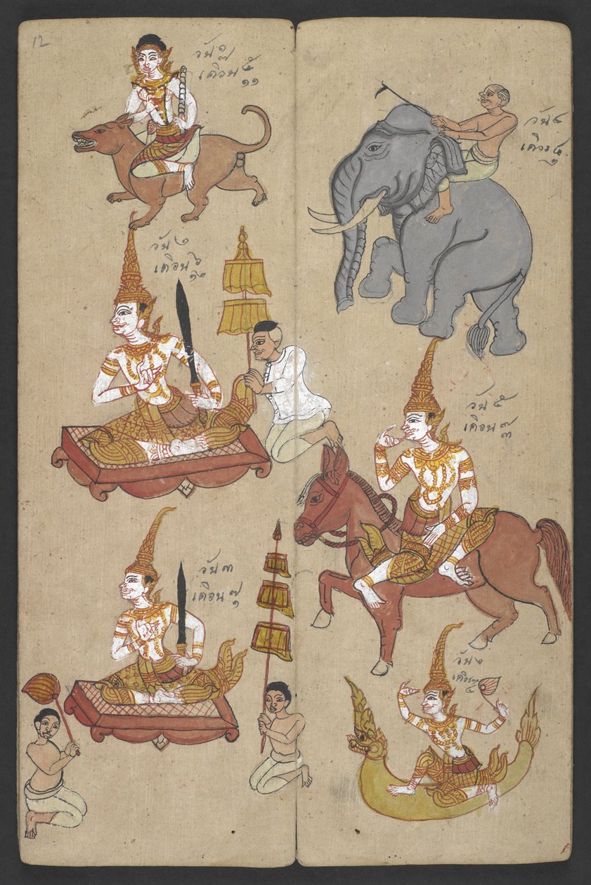 Lub 16455 f.12r, Zwierzęta z Zodiaku, z Phrommachat (pergamin) autorstwa Thai School