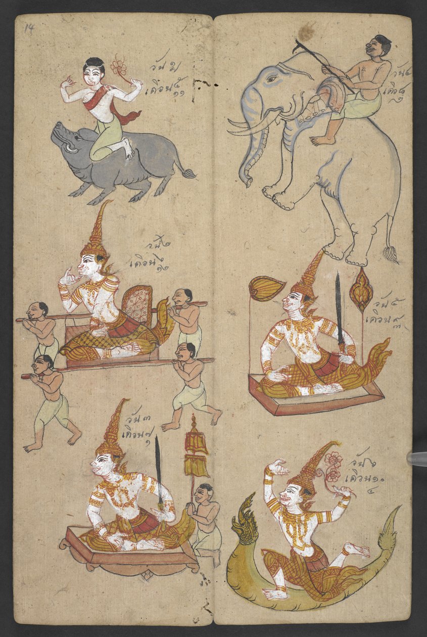 Lub 16455 f.14r, Zwierzęta z Zodiaku, z Phrommachat (pergamin) autorstwa Thai School