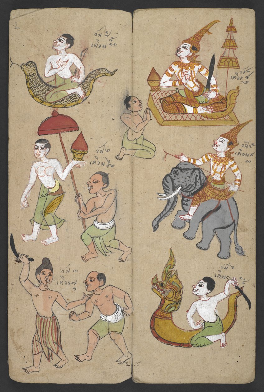 Lub 16455 f.2r, Zwierzęta z Zodiaku, z Phrommachat (pergamin) autorstwa Thai School