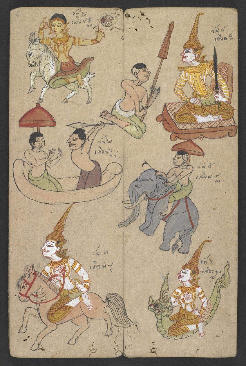 Lub 16455 f.6r, Zwierzęta z Zodiaku, z Phrommachat (pergamin) autorstwa Thai School