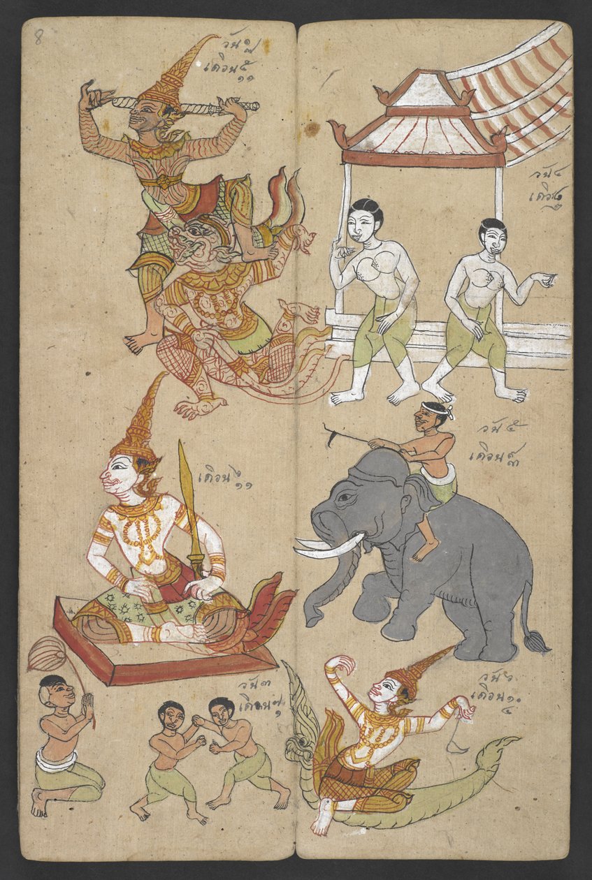 Lub 16455 f.8r, Zwierzęta z Zodiaku, z Phrommachat (pergamin) autorstwa Thai School
