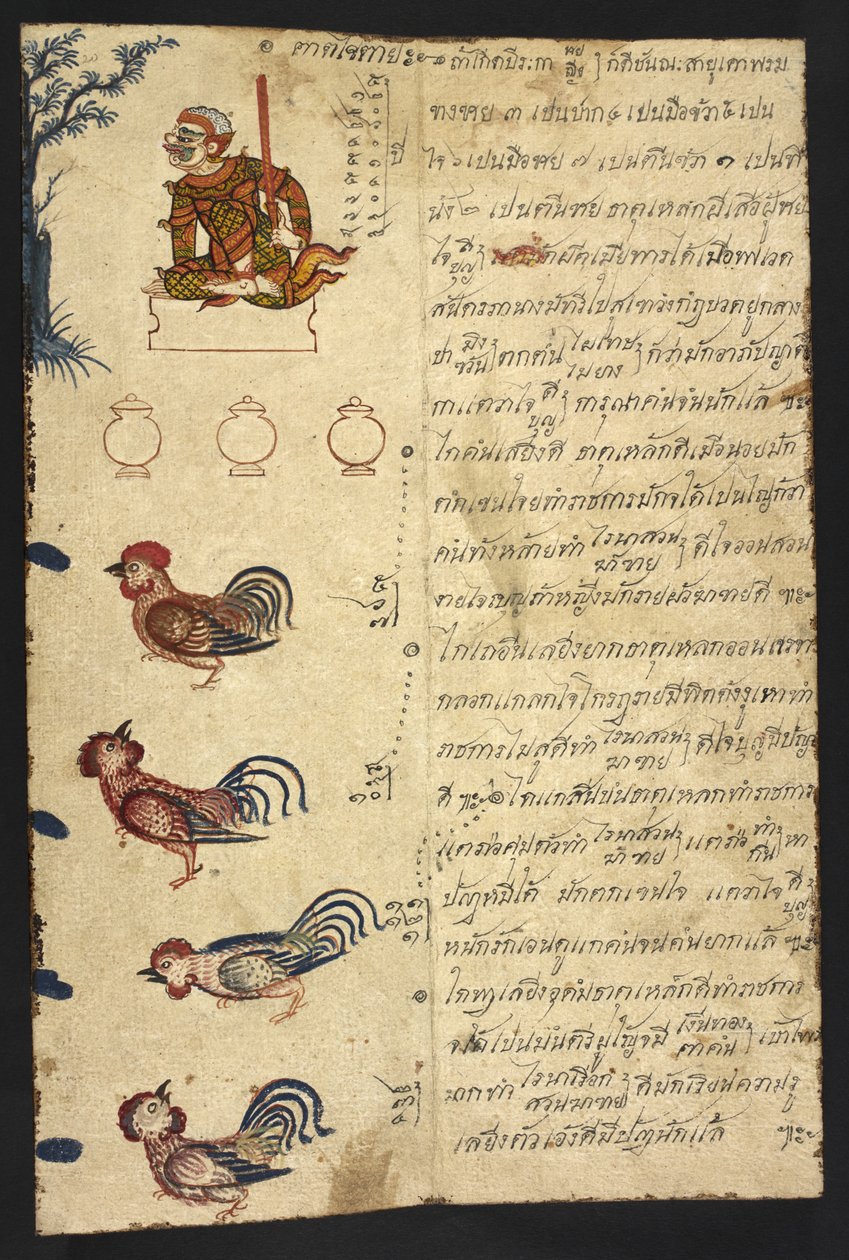 Lub 4830 f.20 Rok Koguta, z „Tajskiego podręcznika wróżbiarstwa (Phrommachat), zawierającego horoskopy oparte na chińskim zodiaku” (tusz i kolor na papierze) autorstwa Thai School