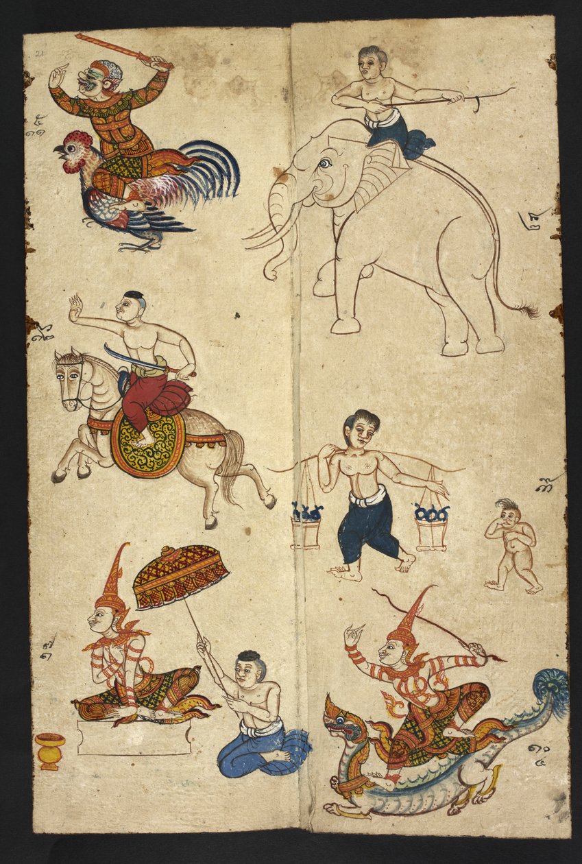 Lub 4830 f.21 Rok Koguta, z „Tajskiego podręcznika wróżbiarstwa (Phrommachat), zawierającego horoskopy oparte na chińskim zodiaku” (tusz i kolor na papierze) autorstwa Thai School