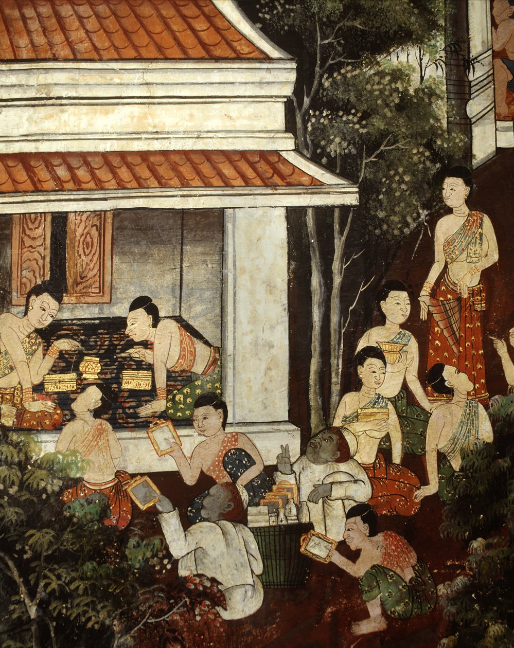 Pałacowe damy kupujące biżuterię i lustra od muzułmańskich kupców, styl Rattanakosin (malarstwo ścienne) autorstwa Thai School