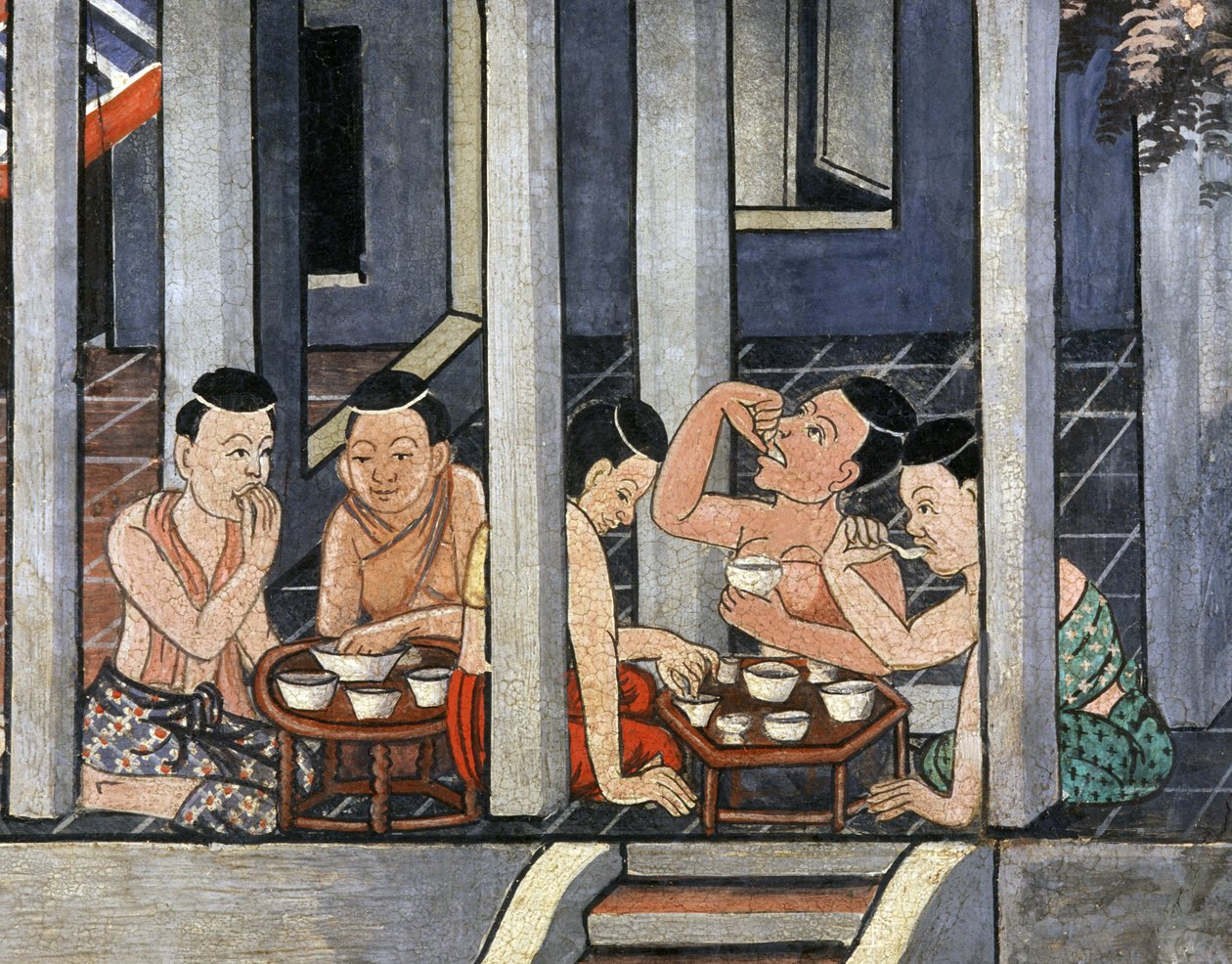 Ludzie jedzący przy niskich okrągłych stołach Kantoke, połowa XIX w. (malarstwo ścienne) autorstwa Thai School