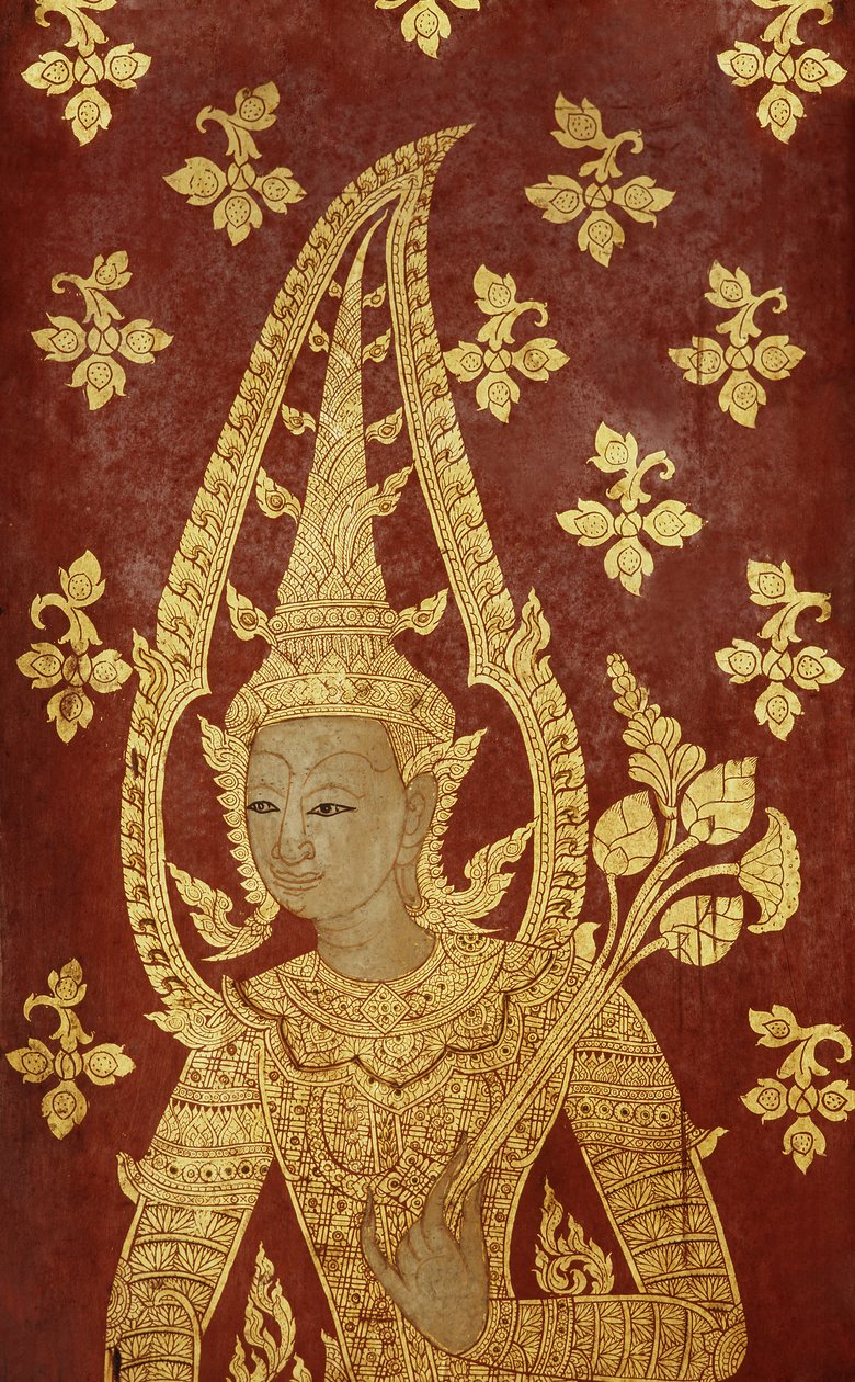 Panel drzwiowy w stylu rattanakosin z wizerunkiem bóstwa, ok. 1860 (drewno malowane) autorstwa Thai School