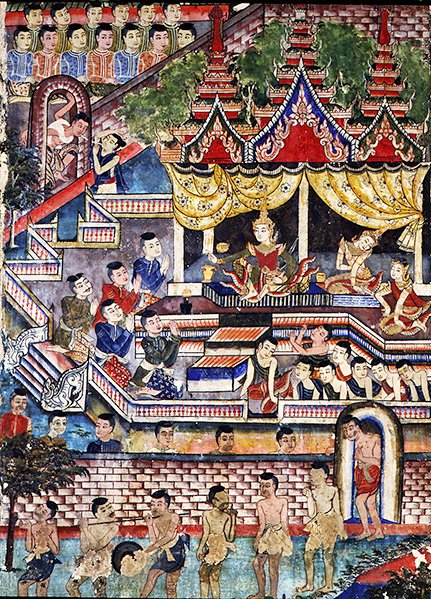 Wiharn Laikarn, odcinek z Jataka Sang Thong (fresk) autorstwa Thai School