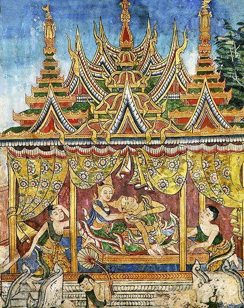 Wiharn Laikarn, odcinek z Jataka Sang Thong (fresk) autorstwa Thai School