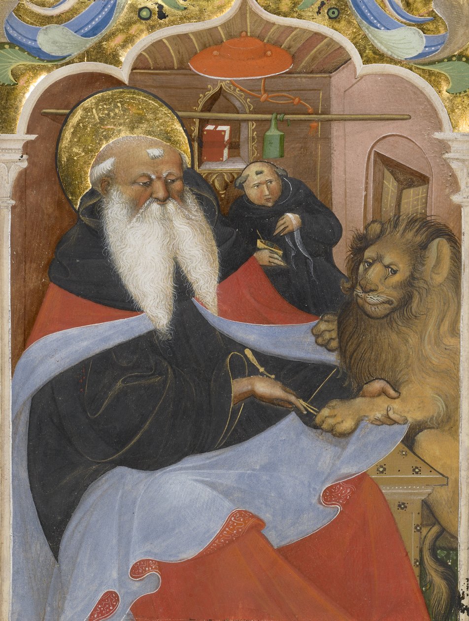 Św. Hieronim wyciągający cierń z łapy lwa Ms 106, 1425-50 (tempera i złoty płatek na pergaminie) autorstwa The Master of the Murano Gradual