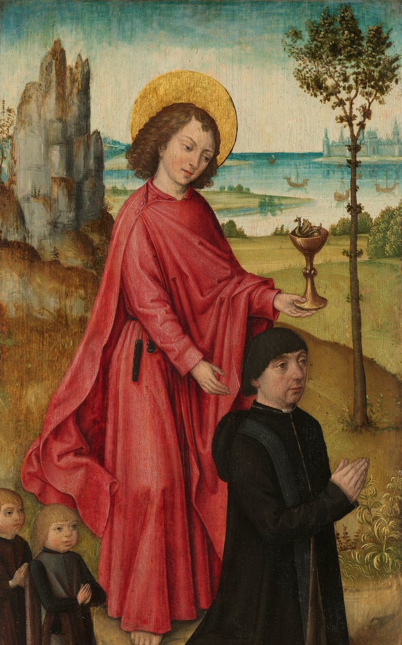 Darczyńca i jego dwaj Synowie ze św. Janem Ewangelistą, wewnętrzne lewe skrzydło tryptyku autorstwa The (Bruges) Master of the Legend of Saint Ursula (workshop of)