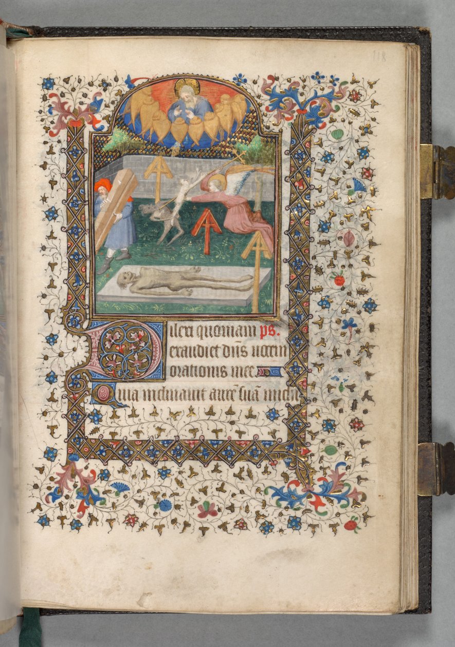Księga godzin (użycie Paryża): Fol. 118r, Anioł i diabeł walczący o duszę autorstwa The Bedford Master
